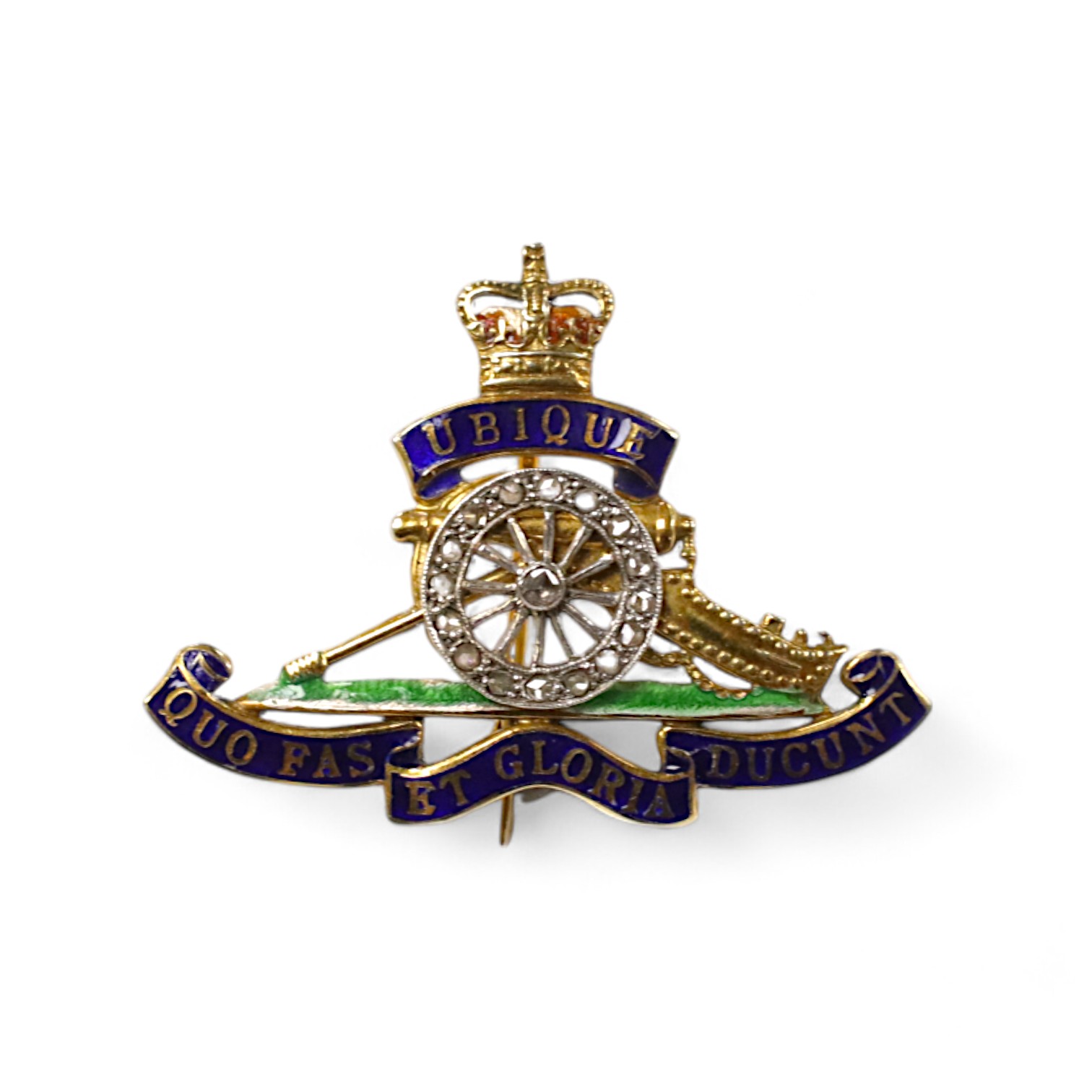 A mid 20th century 9ct gold, diamond and two colour enamel set Royal Artillery sweethearts brooch, 36mm, gross weight 5.7 grams. Condition - poor to fair